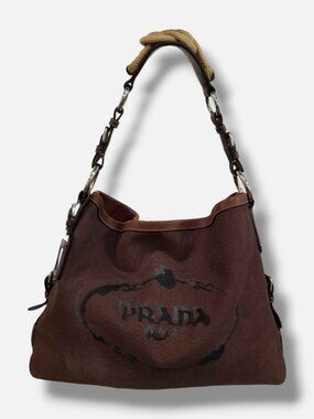 Prada Women Brown Jacquard Canvas Leather Messenger Shoulder Purse Bag